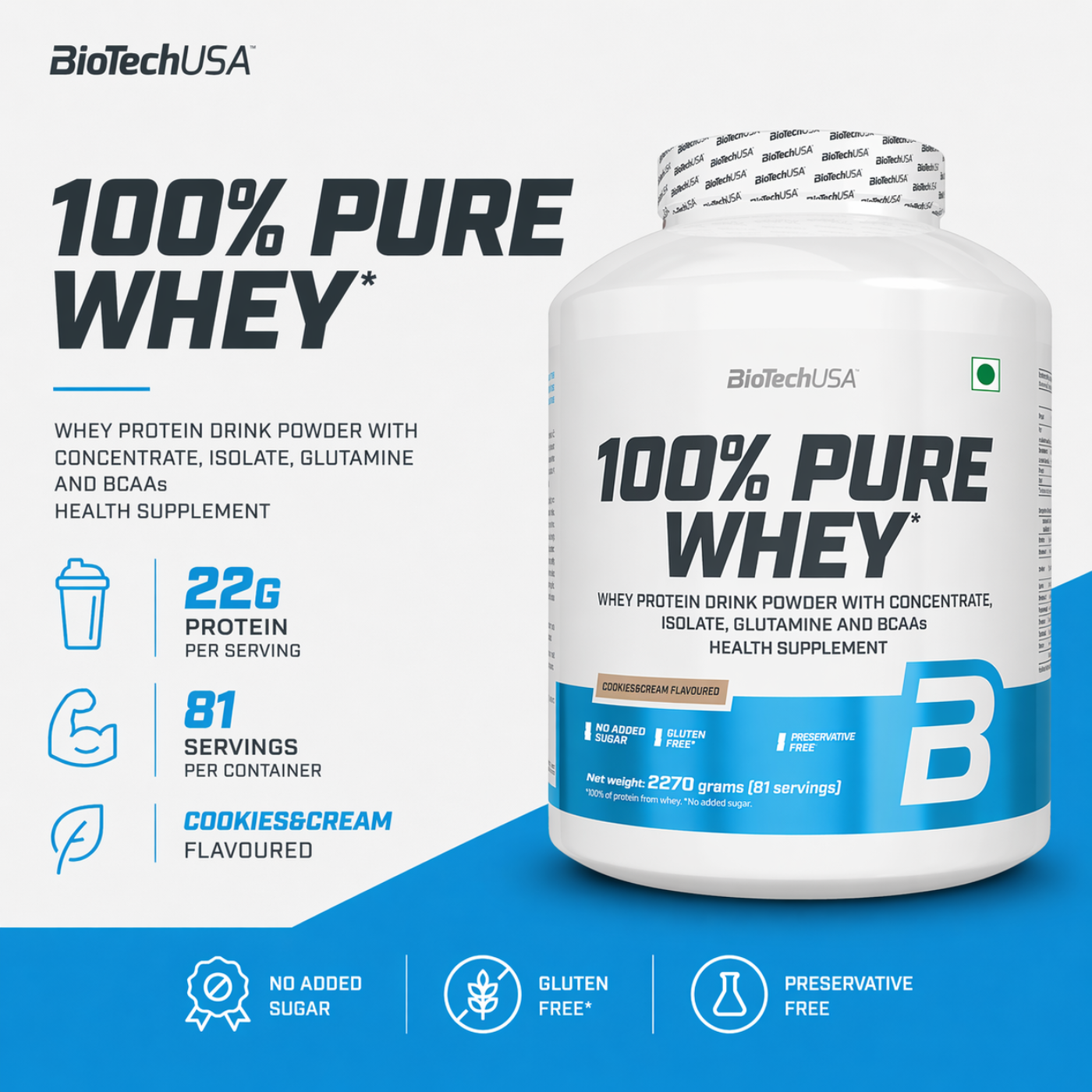 BiotechUSA 100% Pure Whey Cookies&Cream 2.27kg — image 2