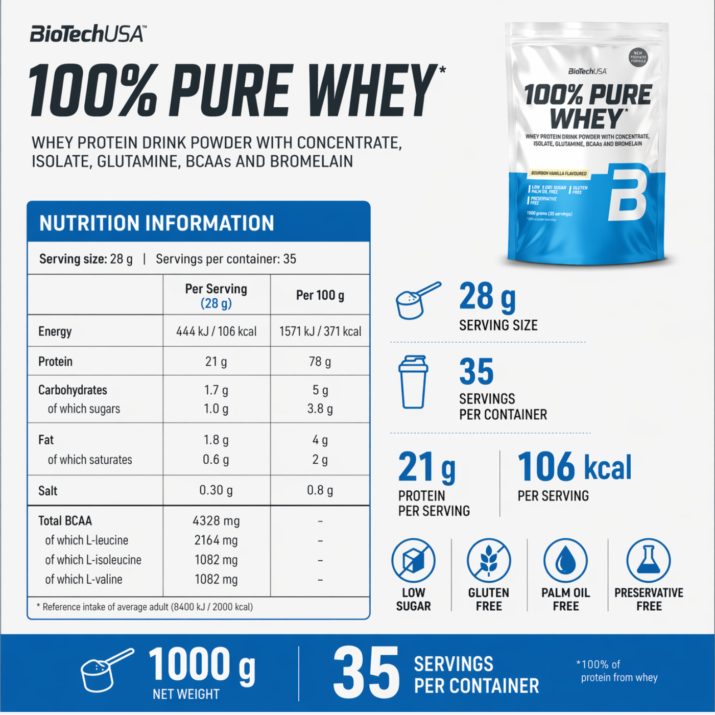 BiotechUSA 100% Pure Whey Bourbon Vanilla 1kg — image 3